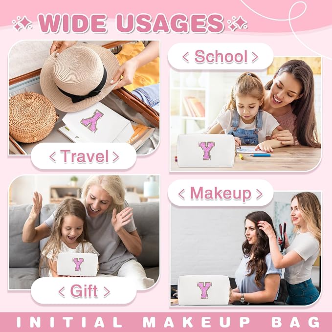 Small Initial Patch Makeup Bag Personalized Gifts Make Up Bag,White Cute PU Leather Glitter Letter Cosmetic Bag with Zipper,Trendy Portable Travel Toiletry Pouch,Preppy Stuff for Teen Girls Women Y