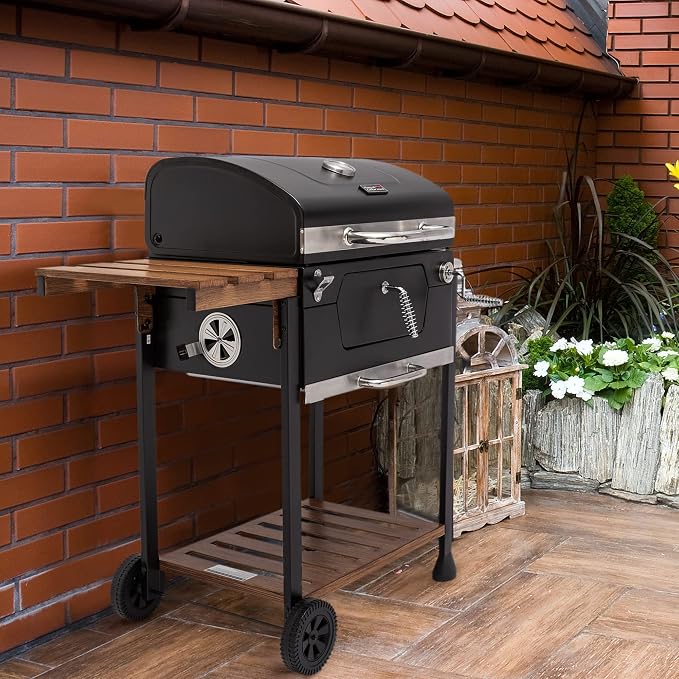 Royal Gourmet CD1824M 24-Inch Charcoal Grill, BBQ Smoker with Handle and Folding Table, Perfect for Outdoor Patio, Garden and Backyard Grilling, Black, Medium | BBQ Smoker Perfect for Outdoor Patio, Garden and Backyard Grilling, Black, Medium