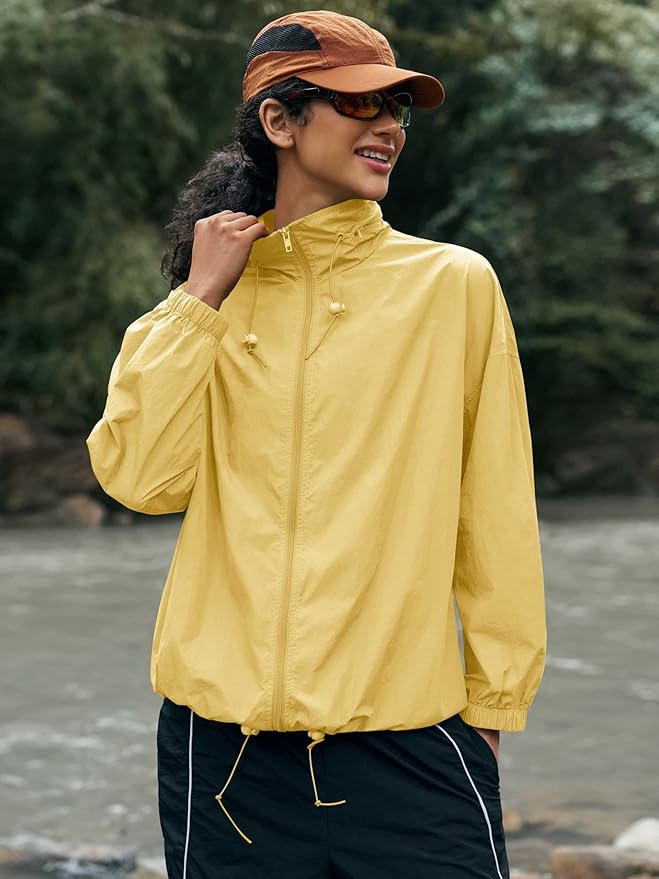 Yousify Womens Waterproof Rain Jackets Lightweight Zip Up Raincoat Outdoor Hiking Hooded Windbreaker with Pocket