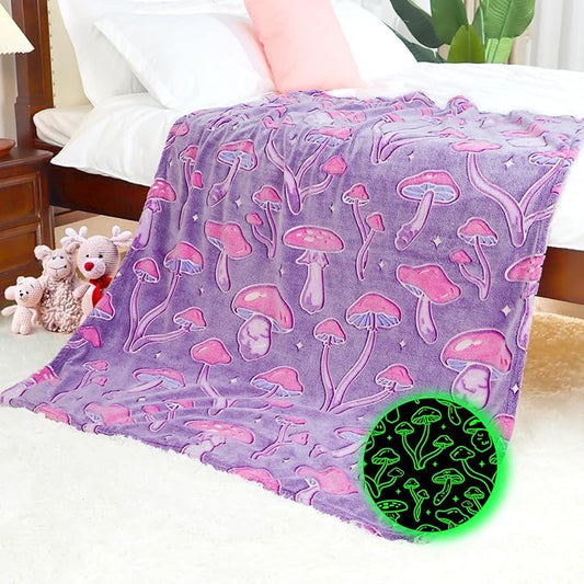 Glow in The Dark Mushroom Blanket - Purple Fleece Throw with Plant Print Soft Fuzzy Cottagecore Decor for Kids Girls Boys Bedroom, Couch & Travel 40x50 inches
