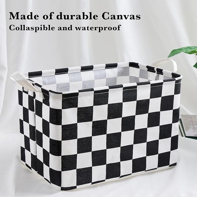 Ohocut Black White Checkered Canvas Basket, Rectangular Organizing Decorative Storage Basket for Kids Dog Toy, Cute Aesthetic Race Cars Boy Room Decor for Home, Kitchen, Bedroom, Classroom, Shelves