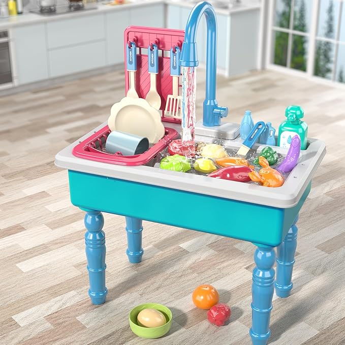 Play Kitchen Sink Toys, Blue Electric Dishwasher Playing Toy with Running Water, Play Food & Tableware Accessories, Kitchen Set Toys, Role Play Sink Set for Toddlers Kids Boys Girls