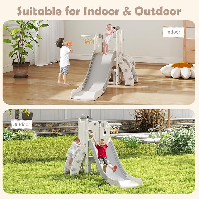 kinbor 6 in 1 Toddler Slide PlaySet - Indoor Outdoor Fun for Kids Ages 1-3, Includes Basketball Hoop, Telescope, Storage & Climber, Safe, Sturdy Baby Slide for Backyard Playground, White+Gray