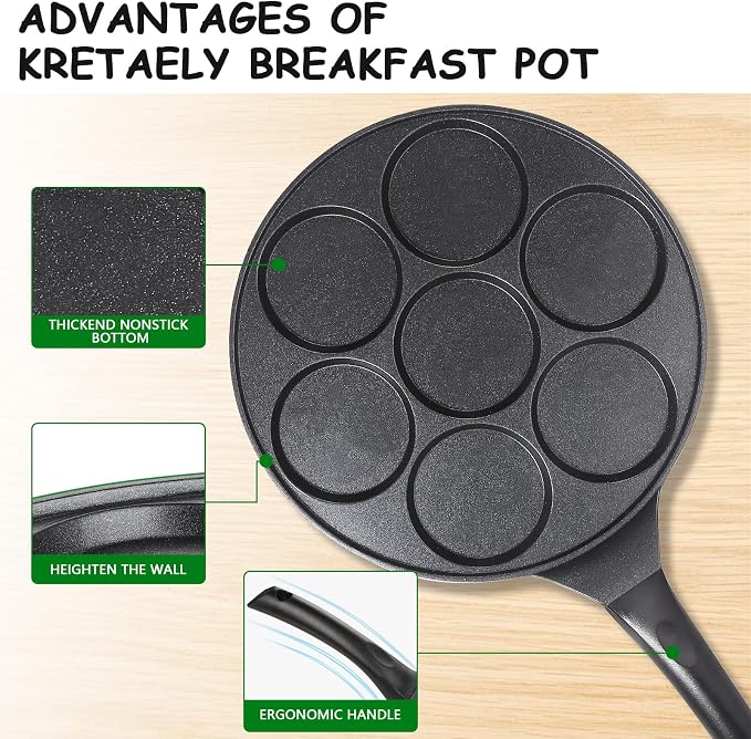 10.5" Pancake Pan Pancake Griddle with 7-Cup Mini Pancake Maker | PFOA Free Coating, 7-Cup, Mini Silver Dollar Gril, Nonstick Pancake Pan