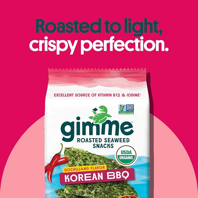 Gimme Seaweed Organic Premium Roasted Seaweed Snacks, Korean BBQ, 12 Count Sharing Size, Keto, Vegan, Gluten-Free, Great Source of Omega3s and Iodine, Healthy On-The-Go Snack for Kids and Adults