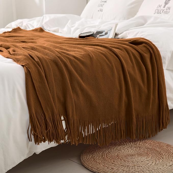 Homiest Camel Brown Knitted Throw Blanket with Fringe, 50x60 Inch | Pure Acrylic, Lightweight & Breathable, All-Season Use, Machine Washable, Wrinkle & Fade Resistant, for Couch Sofa And Bed