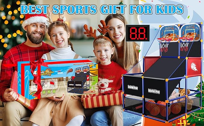 LED Arcade Basketball Game Set w/Electronic Scoreboard for Kids, Boy Toys Basketball Hoop with 4-5 Balls for 3-12 Years Old, Adjustable Height w/Pump & Storage Net for Indoor Outdoor Sports Play