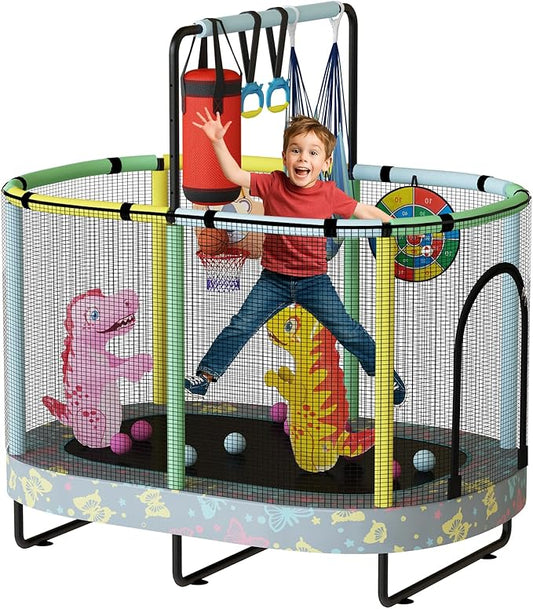 LAMERGE 55" 7-in-1 Round Trampoline for Kids Boys & Girls Ages 1-8, Indoor & Outdoor Trampoline for Fun, Adjustable Height Handrail ＆ Enclosed Safety Net ＆ Durable Designs for Toddlers Children
