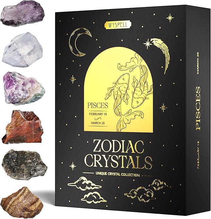 Wyspell Pisces Crystal Set - 6 Raw Pisces Crystals and Healing Stones - Pisces Gifts for Women - Birthday Gifts for Women - Astrology Gifts for Women - Zodiac Crystal Set - Healing Gifts