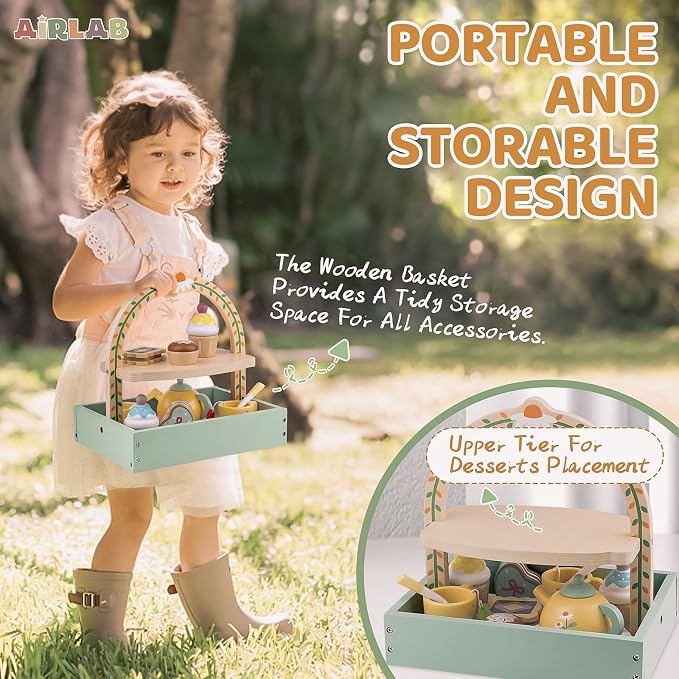 Wooden Tea Sets for Little Girls Play Food Cake Toys Toddlers 3-5 Kitchen Accessories Pretend Play Princess Playset for 3 4 5 6 Year Old Girl Boy Party Birthday Gift