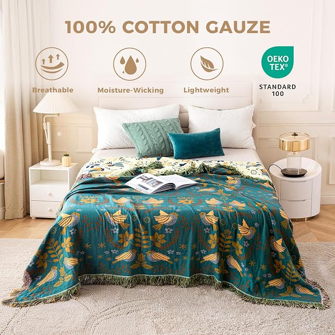 LUTBM Boho Throw Blanket for Bed 60"x80", 100% Cotton Cozy Couch Blankets | Reversible Floral Birds Jacquard Summer Quilt, All-Season, For Chair Sofa Living Room, Lightweight Breathable, Home Decor