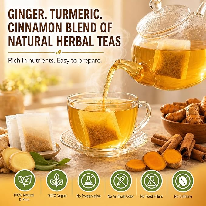 60 Premium Turmeric Ginger Cinnamon Tea, Natural Turmeric Ginger Herbal Tea, Digestive Support, Vegan, Sugar Free, Caffeine Free
