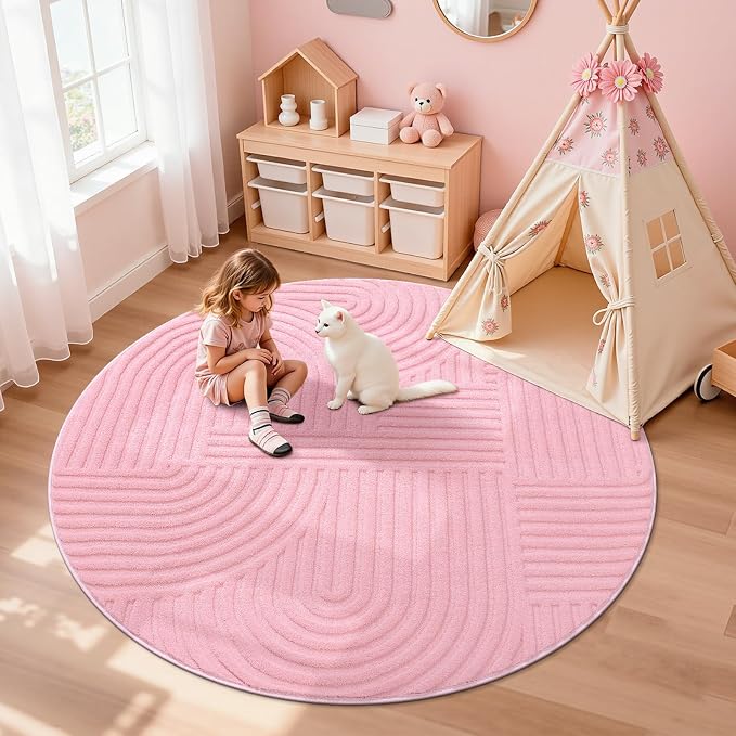 Pauwer 4ft Area Rugs for Living Room, Modern Non Slip Washable Rug, Pink | Arch Pattern, Soft Fluffy, Neutral, Boho Accent, Indoor Round Floor Carpet, For Kids Room Dining Room Nursery Entryway