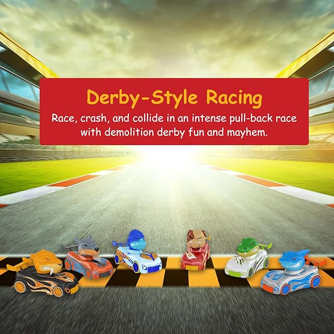 Knuckle Headz Pop-Up Racer Car Toys (2-Pack), Friction-Powered Pull Back Race Car, Head Popping Fun Gift for Kids, Boys, Girls, Ages 3+, Tiger & Wolf
