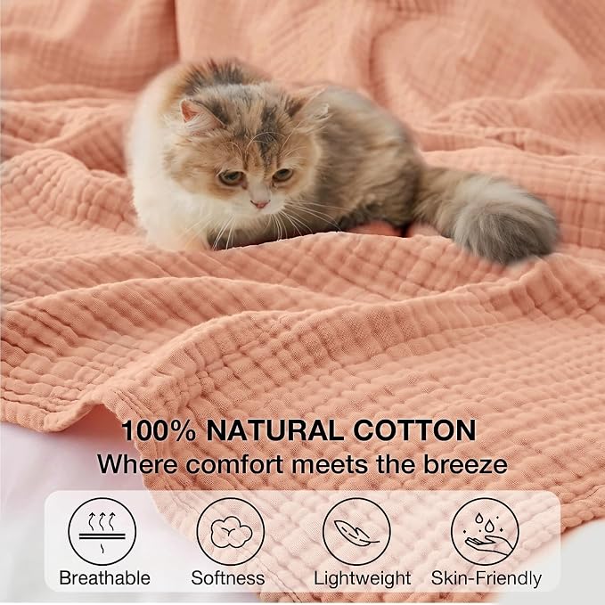 100% Cotton Muslin Blanket Twin 66" x 90", 6 Layers Breathable and Lightweight Cotton Blankets for Couch, Soft Cooling Summer Gauze Blanket for Adults All Season, Dusty Rose‌
