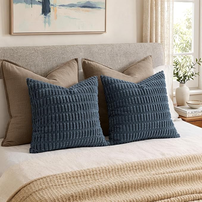 MIULEE Corduroy Decorative Throw Pillow Covers 18x18 Blue Pack of 2 | Soft Boho Striped Pillow Covers Modern Farmhouse Coastal Home Decor For Sofa Living Room Couch Bed