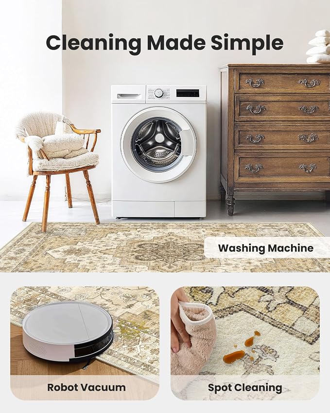 AMADA HOMEFURNISHING 9x12 Area Rug for Living Room,Vintage Washable Area Rug Low-Pile & Non-Slip Carpet for Bedroom Dining Room Nursery Home Office, Beige/Cream