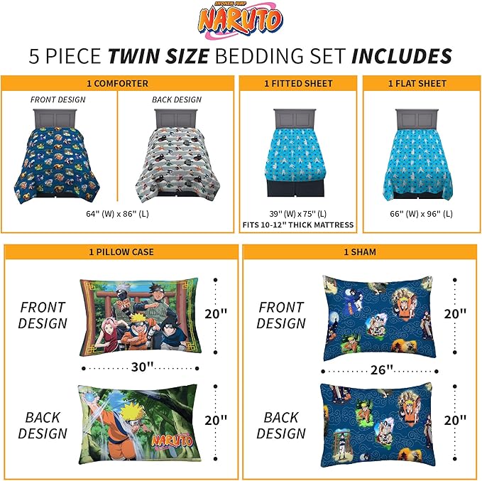 Naruto Anime Bedding Super Soft Comforter And Sheet Set With Sham, 5 Piece Twin Size, By Franco