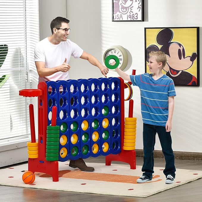 COSTWAY Jumbo 4-to-Score Giant Game Set for Kids & Adults, 2.5Ft Indoor Outdoor Game with Basketball Hoop, Ring Game, 42 Jumbo Rings, Quick-Release Slider, Perfect for Birth & Holiday Party