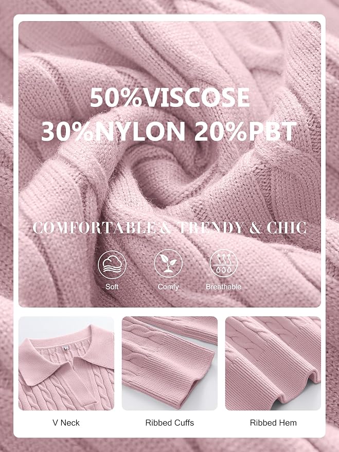 ANRABESS Womens Cable Knit Sweaters Long Sleeve V Neck | Pullover Collared Sweater Tops, Polo Knit Shirts, Business Casual Work, Tennis Golf, Fall Winter Fashion Outfits