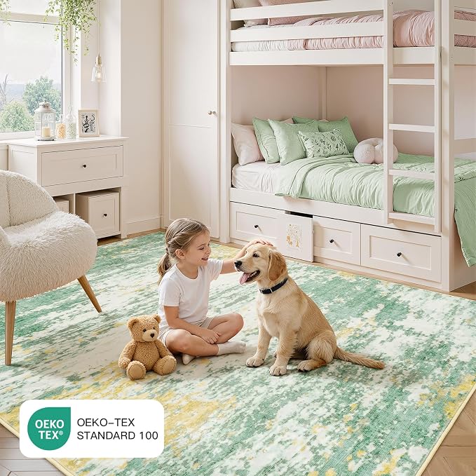 5x7 Area Rug for Living Room, Abstract Washable Non-Slip Rugs, Light Green | Soft Neutral Carpet for Bedroom, Dining Room, Home Office Nursery Indoor, Stain Resistant,Low Pile, Modern Rug