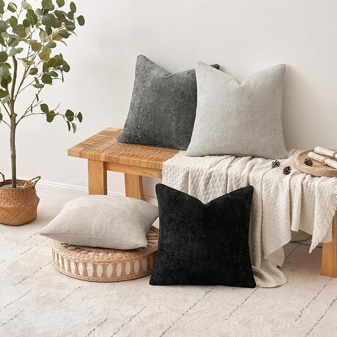MIULEE Soft Decorative Chenille Pillow Covers Cream Grey 16x16 Pack of 4 | Modern Home Decor, Classic Neutral Set, Couch Throw Pillows, Farmhouse Boho Cushion Covers for Sofa Bed Living Room