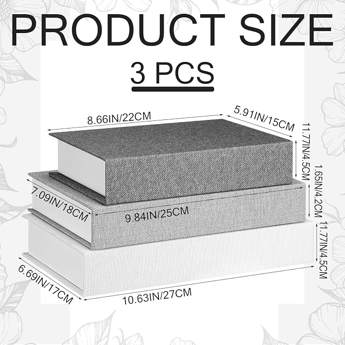 Tioncy 3 Pcs Decor Linen Faux Book Box Set Aesthetic DIY Fake Linen Book Box for Decor Storage Cafe Table Bookshelf Gift Home Keepsake(Multi Sizes,Gray Tone)