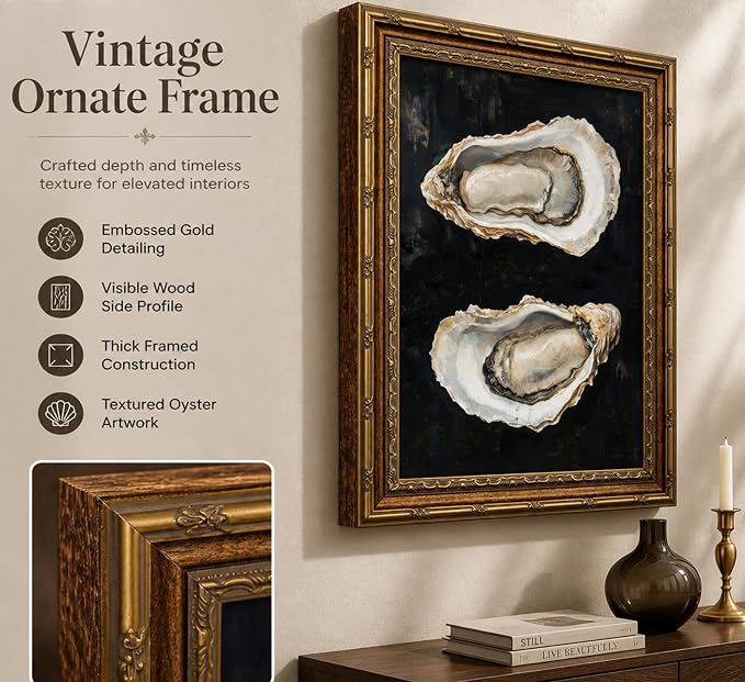 Vintage Gold Framed Oyster Wall Art Dark Moody Seafood Shell Shel Painting Canvas Print Black Background Seafood Still Life Picture Wall Decor Oyster Paintings Poster Artwor for Kitchen Dining