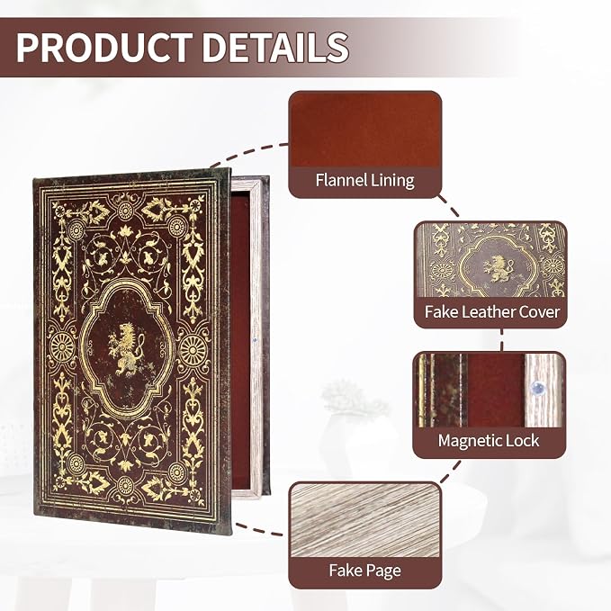Faux Leather Decorative Book Storage Box with Embossed Lion Crest | Vintage Look Hidden Keepsake Box for Jewelry, Letters & Valuables, Elegant Home Office Shelf Decor (Reddish Brown)