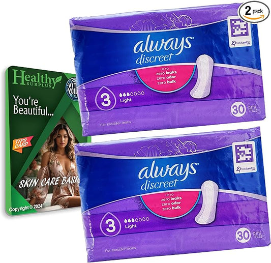 Always Discreet Light 30 Pads 3 Drop Liners for Bladder Leaks Incontinence - 2 Pack (60 Pads Total) - Vital Volumes Tips Card