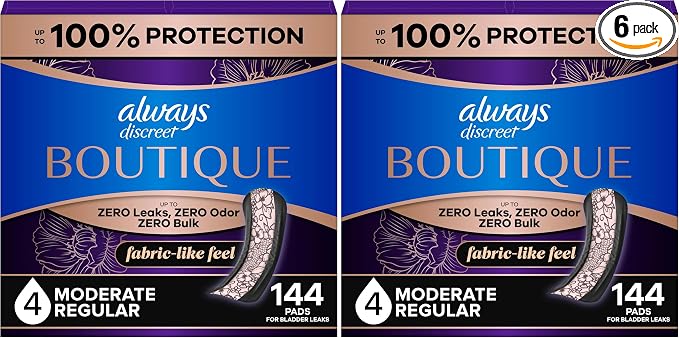 Always Discreet Boutique Incontinence Pads, for Bladder Leaks, Moderate Absorbency, Regular Length, 144 Count (Pack of 2)