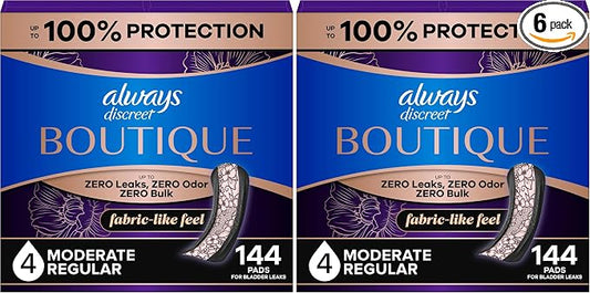 Always Discreet Boutique Incontinence Pads, for Bladder Leaks, Moderate Absorbency, Regular Length, 144 Count (Pack of 2)