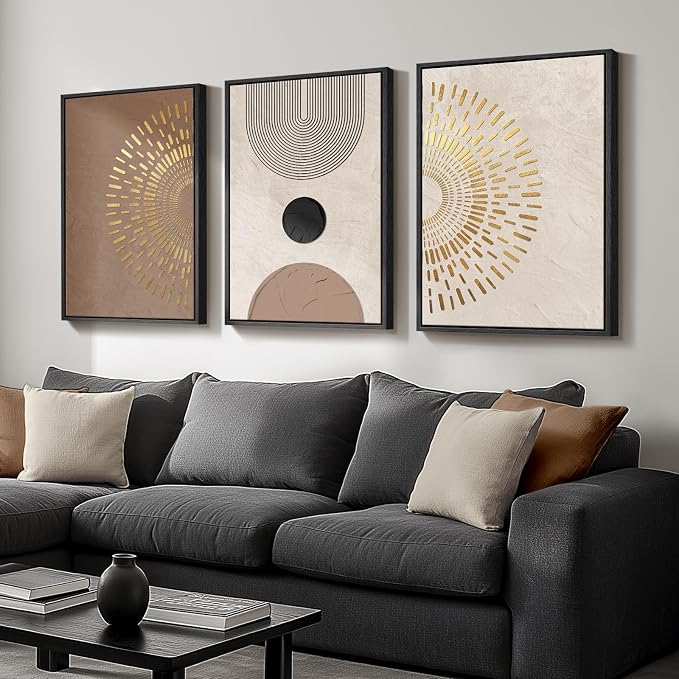 Framed Boho Neutral Abstract Wall Art, 3 Piece Canvas Prints Paintings Artwork for Walls, Large Minimalist Brown Beige Gold Geometric Pictures for Living Room Hallway Bedroom Office Wall Decor 16x24