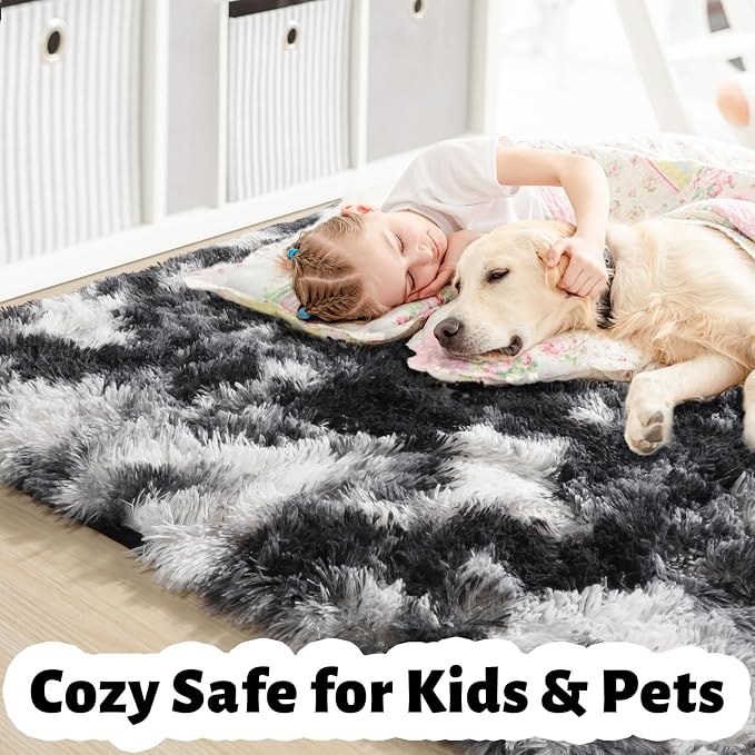 Amdrebio Black White Grey Rugs for Bedroom Living Room Decor, Fluffy Fuzzy Shaggy Furry Area Rug 5x7 for Kids Room Dorm Home Office Apartment, Shag Plush Floor Modern Cool Carpet for Teen Baby Boys