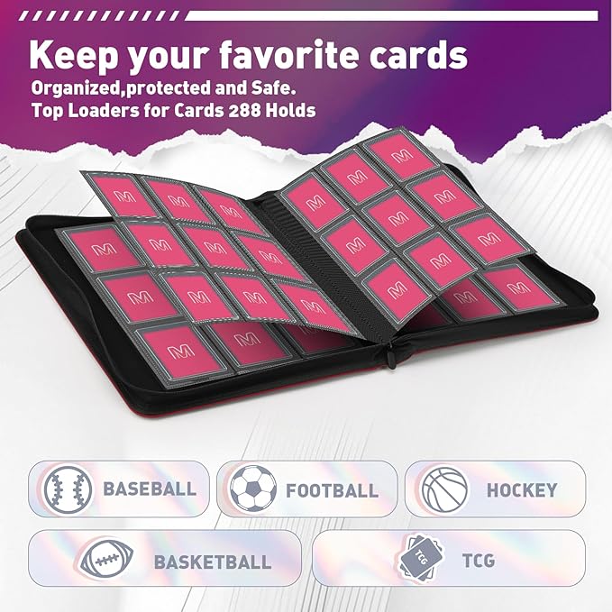 Toploader Binder,Trading Card Binder Storage Hold up 288 Cards 9-Pocket Top Loader Binder with Sleeves for 3"x4" Rigid Toploaders Hard Cases (9Oxblood Red)