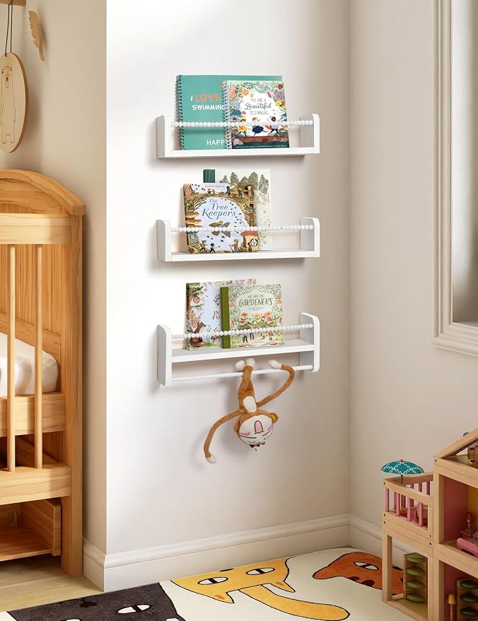 Maxpeuvon Nursery Book Shelves for Wall, White Floating Shelves Set of 3 | Natural Wood Nursery Shelves, with Towel Bar, Storage Shelf for Books, Toys and Decor, for Kids Room, Bedroom, Living Room