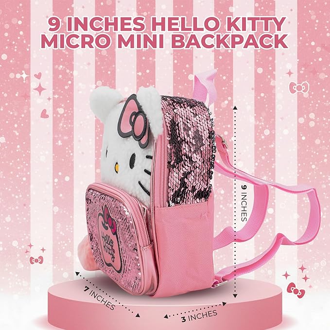 AI ACCESSORY INNOVATIONS Hello Kitty 9” Micro Mini Backpack Purse Featuring 3D Ears & Bow, Sherpa & Sequin Material, & Pompom Dangle, Pink