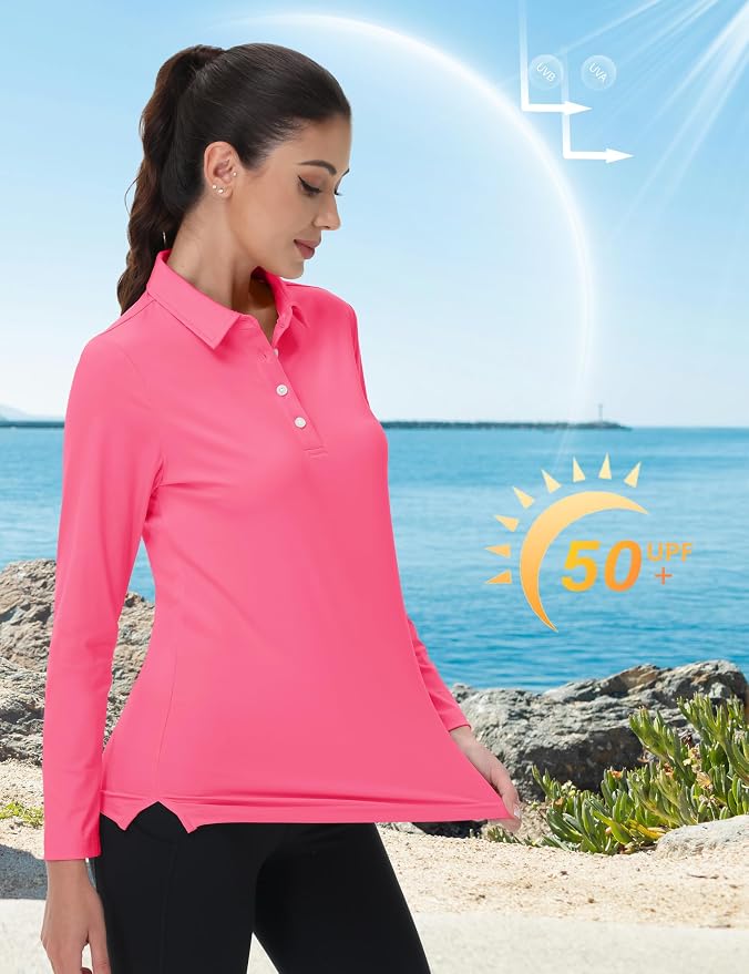 MAGCOMSEN Long Sleeve Polo Shirts for Women Golf Tops with Collar Work | UPF 50+ Sun Protection, 4 Buttons, Moisture Wicking, Breathable, 4-Way Stretch, Collared, Quick Dry, Active, Casual, Tennis