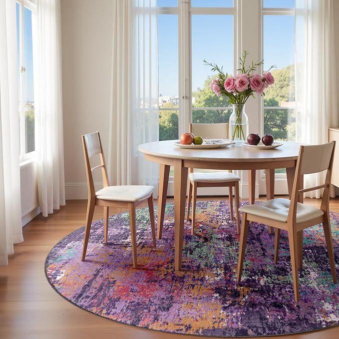 RELEANY Washable Round 8ft Area Rug for Living Room Purple Multi | carpet for bedroom, kitchen, office, hallway and entryway, printed pattern, non-slip, soft, stain-resistant, easy to clean