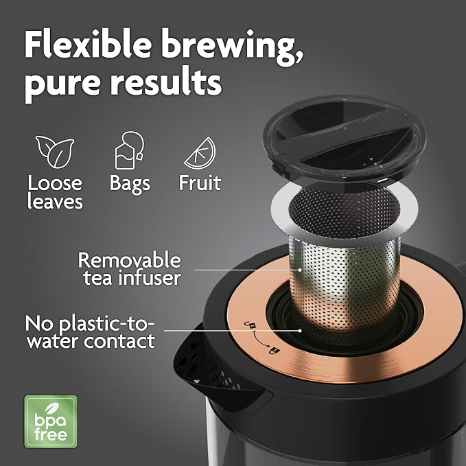 Viante Alba Electric Tea Kettle with Infuser, No Plastic In Contact With Water, 1.5L Borosilicate Glass, 304 Stainless Steel, 4 Temperature Presets, Keep Warm, Cordless, Auto Shut-Off, Black