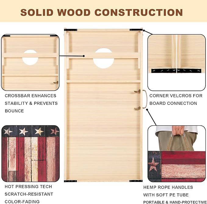 Sportdo 4x2 ft Solid Wood Cornhole Set with 8 Bean Bags, Regulation Size Cornhole Board Set for Adults, Cornhole Game Set for Tailgate Backyard Toss Games Indoor&Outdoor Activities
