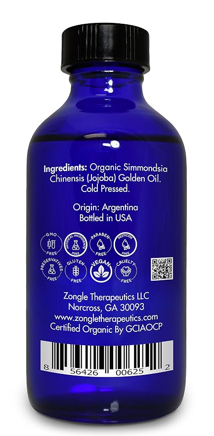 Organic, Jojoba Oil, for Skin, Hair, Face, Nails – 100% Pure, Jojoba Oil, Cold Pressed, Unrefined, by Zongle Therapeutics, 4 OZ