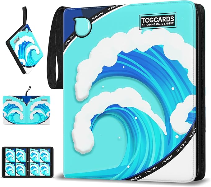 Trading Card Binder 4 Pocket,400 Pocket Card Collection Binder with 50 Removable Sleeves,PU Waterproof Top Card Book,3-Ring Zipper Collectible Trading Card Album for MTG/TCG/Card Holder Gift（Water）