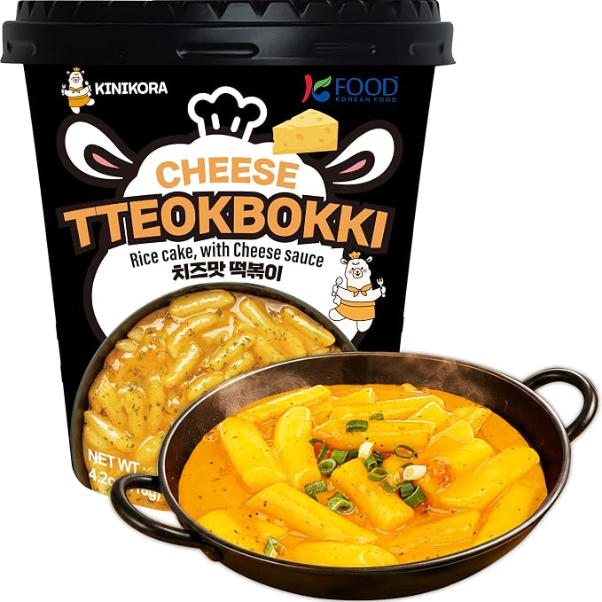 KINIKORA Cheese Instant Rice Cake Cup Snack, Korean Street Food Tteokbokki | Rich cheesy creamy sauce, Topokki style K-food, Chewy texture, Quick 2 min microwave cup meal