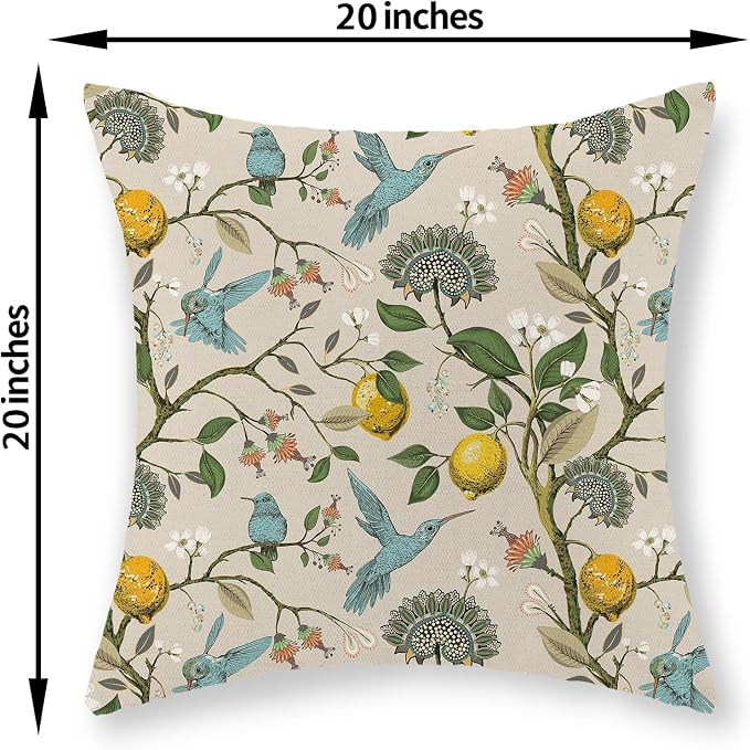 Chinoiserie Pillow Covers 20x20 Set of 2 Blue Green Bird Floral Throw Pillows Vintage Yellow Lemon Flowers Decorations Pillowcase Outdoor Chinoiserie Decor Linen Cushion Case for Couch Home