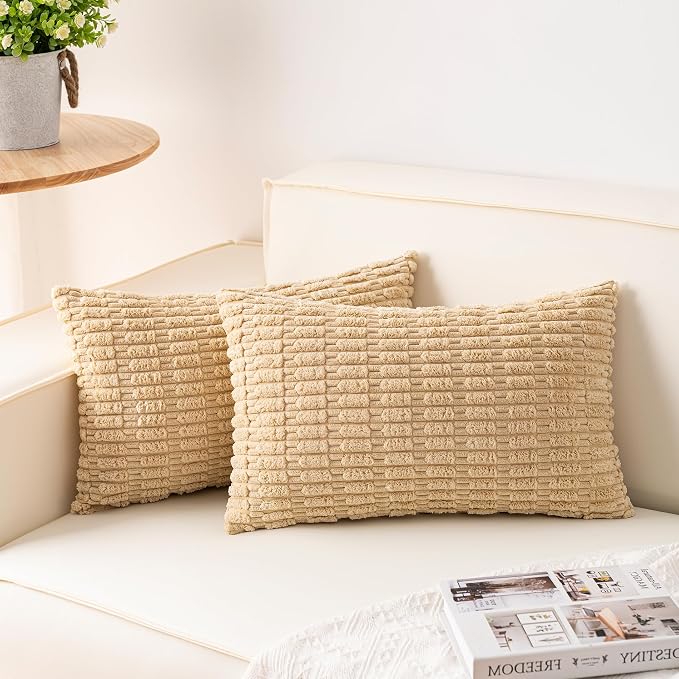 Aegero Pack of 2 Corduroy Decorative Throw Pillow Covers 12x20 Inch, Beige | Fall Soft Striped Pillow Covers Modern Farmhouse Home Decor Christmas Throw Pillow Covers for Sofa Living Room Couch Bed