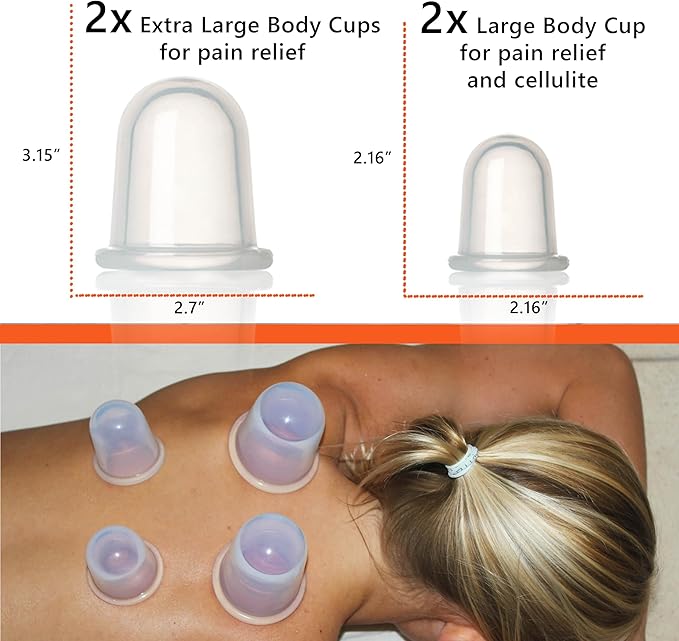 Silicone Cupping Therapy Set 4 Massage Cups (2 XL, 2 L) Pain Relief, Muscle Recovery & Cellulite Reduction Professional Cupping Kit for Home, Gym & Athletes
