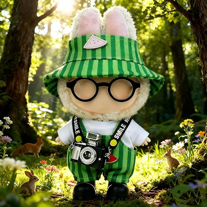 17cm Doll Clothes – 6-Piece Set, Hat + Overalls + Shirt + Camera + Glasses + Shoes, Cute and Premium Dolls Outfit Accessories (Green)