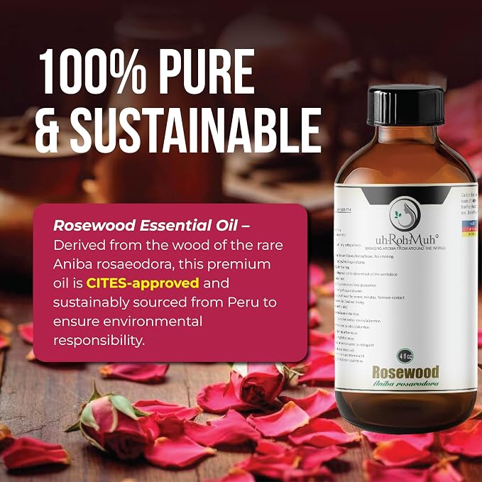 Rosewood Essential Oil (Bois de Rose) 100% Pure Steam Distilled Oil from Aniba rosaeodora Wood – Aromatherapy, Diffuser, Skincare, Massage, DIY Perfumes, Natural Fragrance | Peru | 4oz
