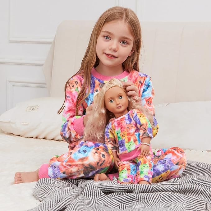 QPANCY Matching Doll & Girls Fleece Pjs Set kids Fall Winter Long Sleeve Sleepwear 2 Piece Pajamas